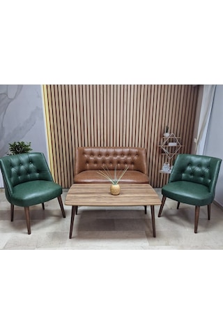 Azra Mobilya Deri Çay Seti Koltuk Takımı + Sehpa - Oturma Grubu - Cafe Mobilya - Ofis Mobilya - Balkon Mobilya Kahve-yeşil
