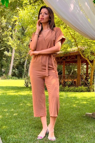 Neşeli Butik Kadın Kruvaze Yaka Bağlama Detaylı Ayrobin Tulum Nb10049 Camel