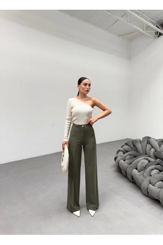 Defymoda 230 Gr Poly Viscose Lycra Metal Düğme Palazzo Pantolon Haki