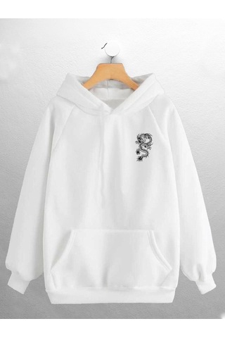 Macklin Unisex Kadın Erkek Ejderha Baskılı Sweatshirt Beyaz Mck0805 Beyaz