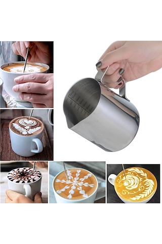 Leezsing 304 Paslanmaz Çelik Süt Köpük Kavanozu 350ml - İç Çift Ölçekli Dar Boşalma Açığıyla Gümüş