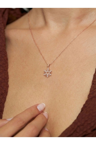 925 Ayar Zirkon Taşlı Rose Kar Tanesi Gümüş Kolye Gümüş - Rodyum