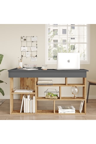 Yurudesign Tywin Kitaplık Raflı Çalışma Masası Çam-Antrasit