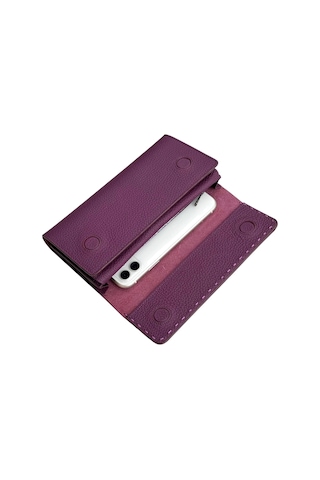 Mor %100 Hakiki Deri Dikiş Detaylı Gizli Mıknatıslı Kapaklı Özel Tasarım Kadın Cüzdan Portföy Mor