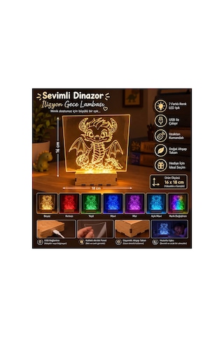 Şeffaf İlizyon Led Gece Lambası Sevimli Dinazor Görseli 16x18 Cm Çok Renkli Çok Renkli