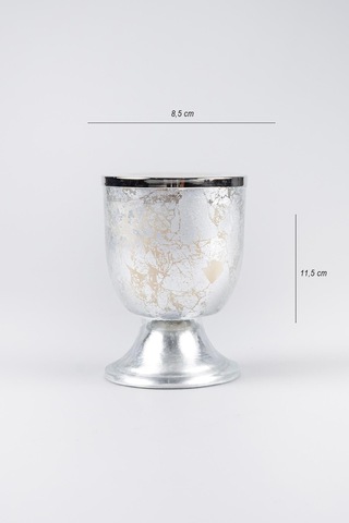 Gümüş Varak Eskitme Ayaklı Cam Mumluk Kokusuz Mum Logo Kapaklı Küçük 8.5x11.5 Cm