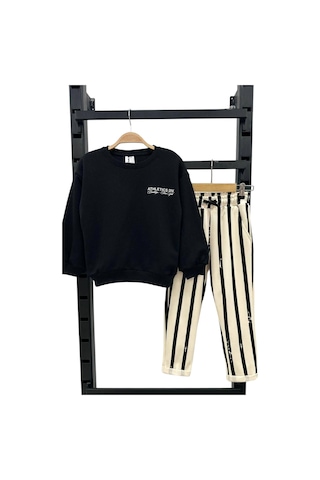Lolliboomkids Erkek Çocuk Siyah Beyaz Çizgili 3ip Sweatshirt - Bel Ayarlı Eşofman Alt Üst Takım 2 Parça Siyah