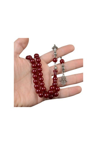 Küre Kesim 9x8 Mm Sıkma Kehribar Alpaka Püsküllü Tesbih Bordo