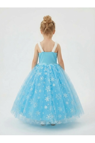 Butikhappykids Frozen Elsa Temalı Kız Çocuk Prenses Elbise Askılı Tüllü Kabarık Taç Asa Eldiven + Doğum Günü Parti Seti Hediyeli Mavi