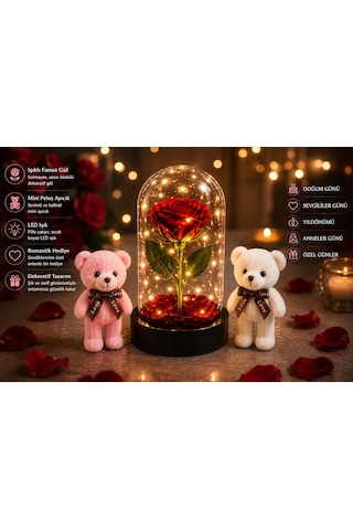Led Işıklı Mika Fanus Solmayan Yapay Kırmızı Gül & 2 Mini Peluş Ayıcık Sevgiliye Romantik Hediye Set Hediyelik Eşya