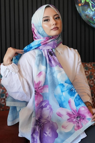 Afvente Manolya Çiçek Desen Mavi Soft Pamuk Şal Çok Renkli