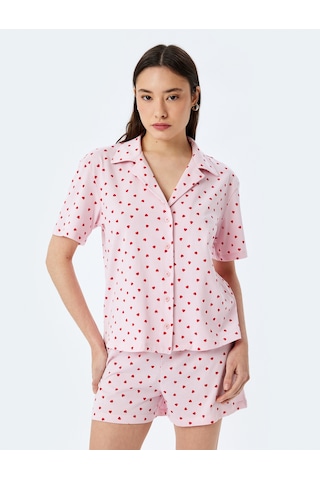 Koton Pamuklu Gömlek Yaka Kalpli Şortlu Pijama Takımı Pembe Desenli 5slk40050mk Pembe Desenli Pembe