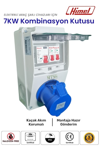 7.4kW Monofaze Himel Kombinasyon Kutusu 3x32A Tesla Mavi Adaptör Uyumlu Kaçak Akım Röleli