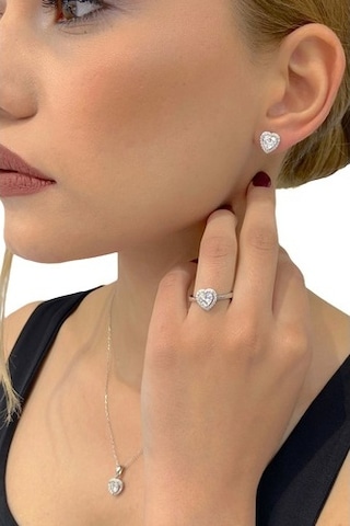 Sertifikalı Swarovski Taşlı Kalp Tektaş 925 Gümüş Set Takım