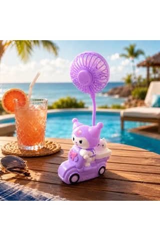 Vıp Yüksek Kalite Mor Kuromi Masa Fanı Mini Fan Işıklı Kalem Traşlı Mini Kalemlikli Şarjlı Masa Fanı