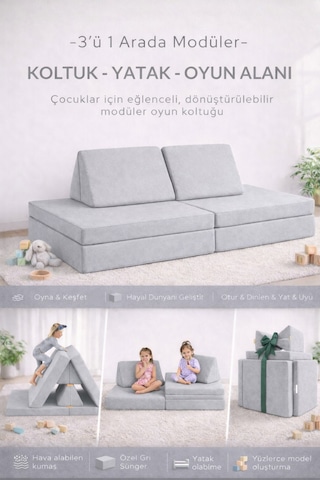 Yatella 4 Parça Katlanabilir Çocuk Koltuğu Yatak & Minder Çok Amaçlı Modüler Tasarım - Gri