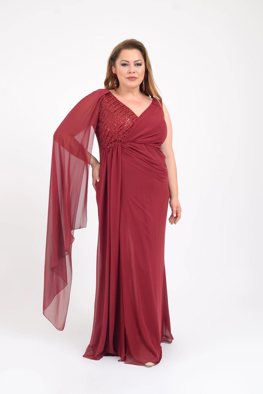 Lilas Xxl Büyük Beden Kruvaze Yaka Bordo Renkli Abiye Elbise Bordo