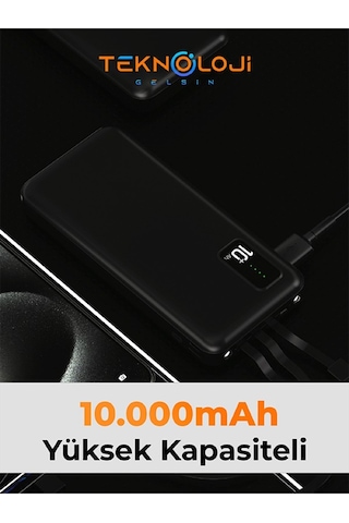 10.000 Mah Powerbank Elfenerli Dijital Led Gösterge Kendinden Kablolu Taşınabilir Şarj Aleti 4 Çıkış Siyah