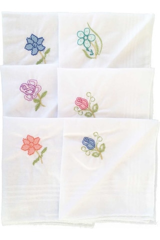 Hediyelik İşlemeli Bayan Mendili 12 Adet 28x28 Cm 100 Pamuk Beyaz
