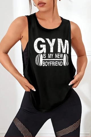 Ghassy Co. Kadın Gym Baskılı Nefes Alabilen Fitness Yoga Koşu Kolsuz Spor Atlet Siyah