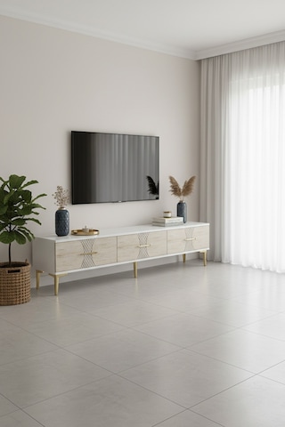 Tsa1832atg Slim Tv Stand, Tv Sehpası Antrasit-traverten-gold 180cm