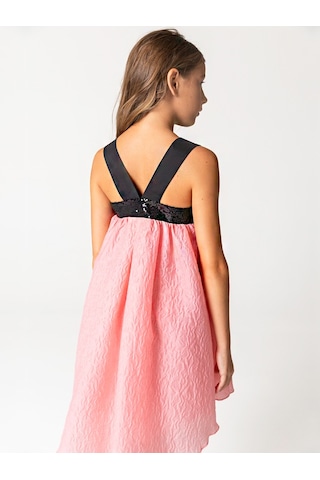 Sheshe Payet Fiyonk Detaylı Pembe Jakar Kız Çocuk Elbise Renkli