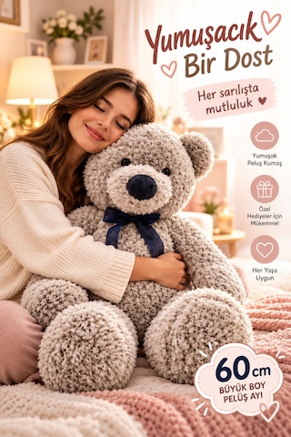 60 Cm Peluş Ayı Büyük Boy Premium Kalite Yumuşak Ayıcık Çocuk Sevgili Özel Gün Hediyesi Çok Renkli