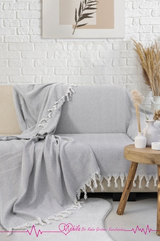 Klasik Pamuklu Koltuk Örtüsü 180x300 Cm Kolları Örten Balık Sırtı Desen Koltuk Örtüsü Gri