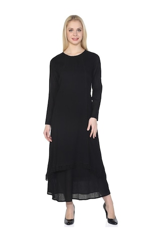 Uzun Kol Şile Bezi Nervürlü Uzun Elbise Siyah