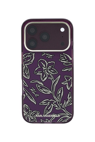 Apple iPhone Uyumlu 18 Pro Kılıf Karl Lagerfeld Lisanslı M-safeli Gold Kamera Çerçeveli Çiçek Tasarım Kapak Bordo