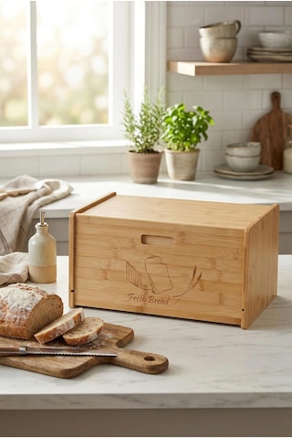 Doğal Bambu Kapaklı Ekmek Kutusu & Doğal Bambu Ekmek Dolabı 23x38x20 Cm Çok Renkli
