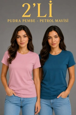 Hazego Basic Bisiklet Yaka Yazlık Slim Fit T-shirt - Pudra Pembe - Petrol Mavi Çok Renkli