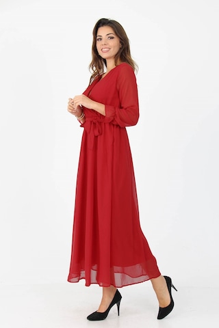 Neşeli Butik Kadın Kruvaze Yaka Bağlama Detaylı Yeni Sezon Uzun Şifon Elbise Kts003 Kırmızı