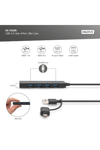 Usb 3.0 Hub, 4 Port, Slimline Usb-c Adaptörlü, 5gbps, 0,2 M Ka...