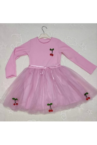 Alfa Expres 5-6-7 Yaş Kiraz Desenli Kurdela Kuşaklı Astarlı Uzun Kollu Kız Çocuk Tütü Elbise Pembe Pembe