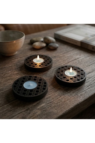 Dekoratif Ahşap Hazeran Örgü Desenli Tealight Mumluk Siyah 3 Lü Karışık Renkli