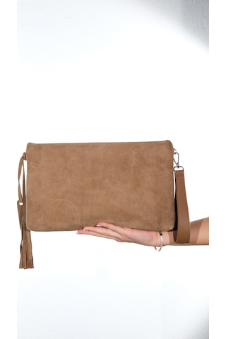 Morden Vizon Süet Hakiki Deri Kadın Clutch Çanta Vizon