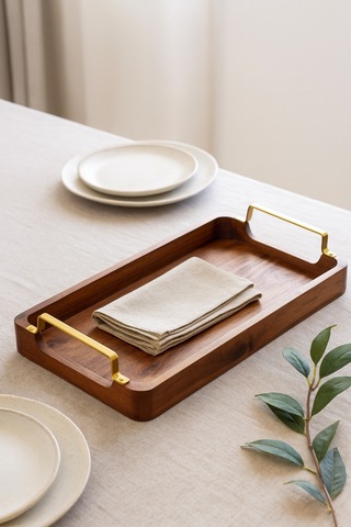 Ahşap Servis Tepsisi Altın Renk Metal Kulplu Dikdörtgen Çay Ve Kahve Sunum Tepsisi 48x18x5.8 Cm Kahverengi