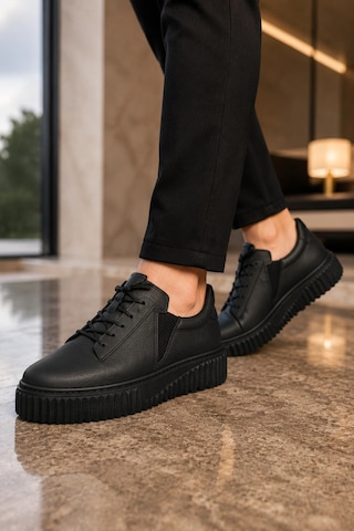 Mevese Dlob Erkek Bağcıklı Cilt Günlük Casual Spor Sneaker Ayakkabı - Siyah