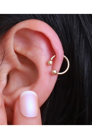 14 Ayar Altın Çift Toplu Halka Tragus Piercing Sarı Altın