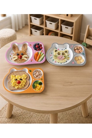 3'lü Set 3 Farklı Model Melamin Çocuk Yemek Tabağı Seti - 3 Bölmeli Kırılmaz Bebek Beslenme Tepsisi Blw Tabağı Çok Renkli