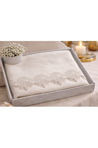 Goldroom Home Fransız Dantelli Linen Kumaştan 160 220 Lüks Masa Örtüsü Krem