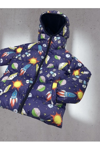 Erkek Çocuk Içi Polarlı Kapüşonlu Ufo Desenli Kışlık Şişme Mont Çok Renkli