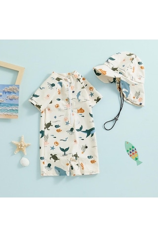 Fastbuy Bej Yürüyen Erkek Mayo, 3-12 Ay, 2-3 Yaş, Güneş Koruyucu Kısa Kollu, Fermuarlı, Hayvan Desenli Şapka Bej