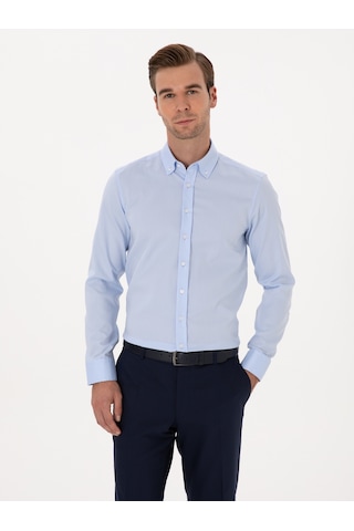 Cacharel Açık Mavi Slim Fit %100 Pamuk Yakası Düğmeli Oxford Gömlek Denım