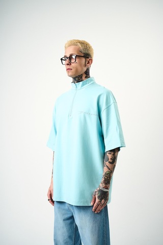 Respire Erkek Be Kind Nakışlı Yarım Fermuarlı Oversize T-shirt Bebe Mavi Bebek Mavisi