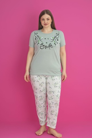 X-dreamy Büyük Beden Pamuklu Çiçekli Kısa Kollu Pijama Takımı Yeşil