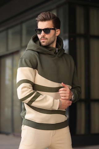 Madmext Haki Kapüşonlu Fermuar Yaka Desenli Erkek Sweatshirt E7162 Haki