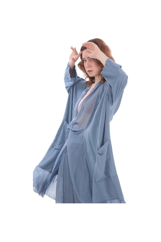 Bohem Stil Italyan Ipek Detaylı Oversize Kap Bluz- Wes Pantolon Takım-8789 Buz Mavisi