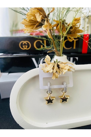 Zirkon Taşlı Yıldız Figür Sallantılı Çelik Küpe Altın - Gümüş